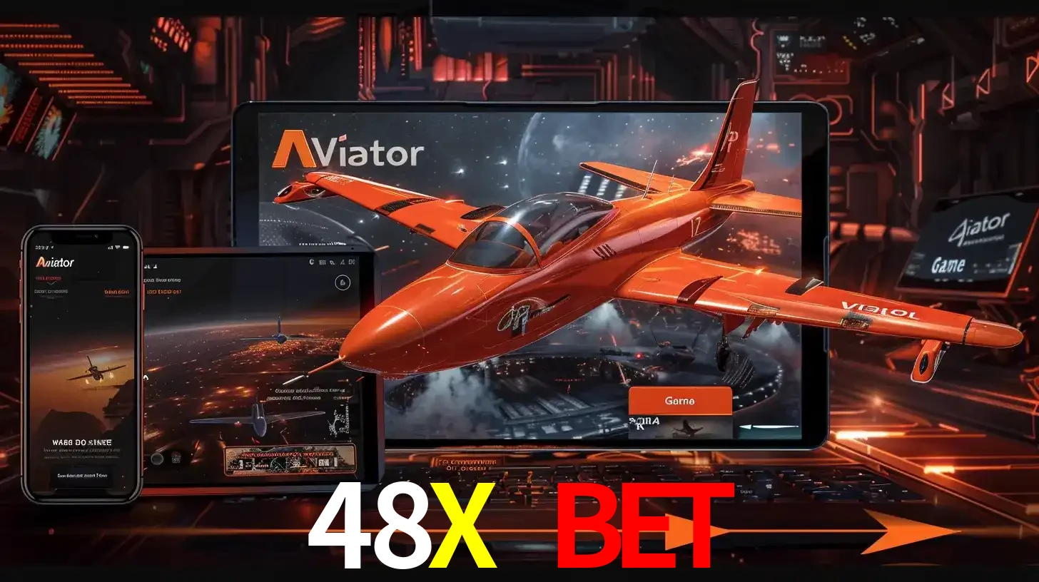 Apresentação tecnológica do jogo Aviator com um avião saindo da tela de um tablet, demonstrando a experiência imersiva em múltiplos dispositivos no 48X BET.