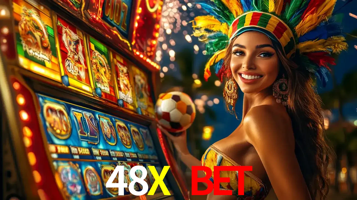 Mulher com um cocar de carnaval ao lado de uma máquina de caça-níqueis enquanto segura uma bola de futebol, mostrando a união da diversão de cassino e esportes no 48X BET.