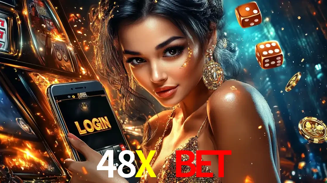 Mulher glamourosa segurando um celular com a tela de login do cassino 48X BET, rodeada por dados e moedas douradas, pronta para começar a diversão.