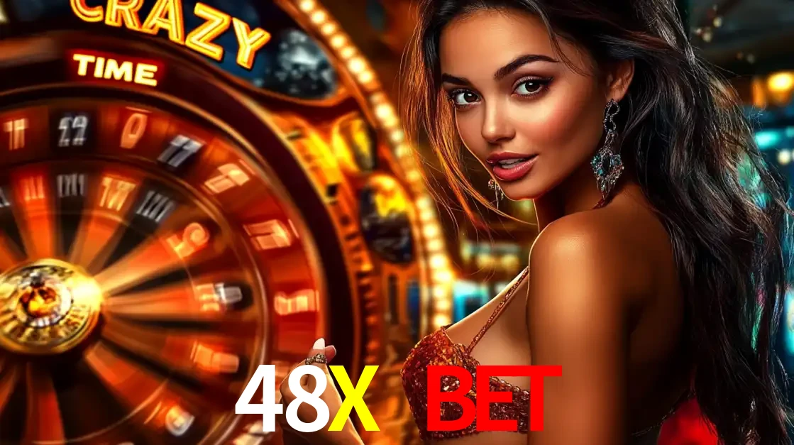 Mulher ao lado da roda de prêmios do jogo de cassino ao vivo Crazy Time, um dos shows de jogos mais emocionantes oferecidos pela plataforma de apostas 48X BET.