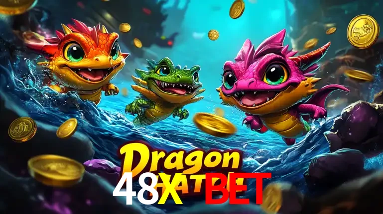 Arte promocional do jogo Dragon Hatch com três adoráveis dragões bebês nadando entre moedas de ouro, um dos slots mais divertidos para jogar no cassino 48X BET.