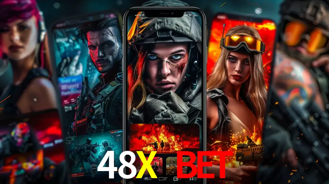 Montagem de telas de celular mostrando diversos personagens, masculinos e femininos, de um jogo de tiro, ilustrando a diversidade de equipes de e-sports para apostar no 48X BET.