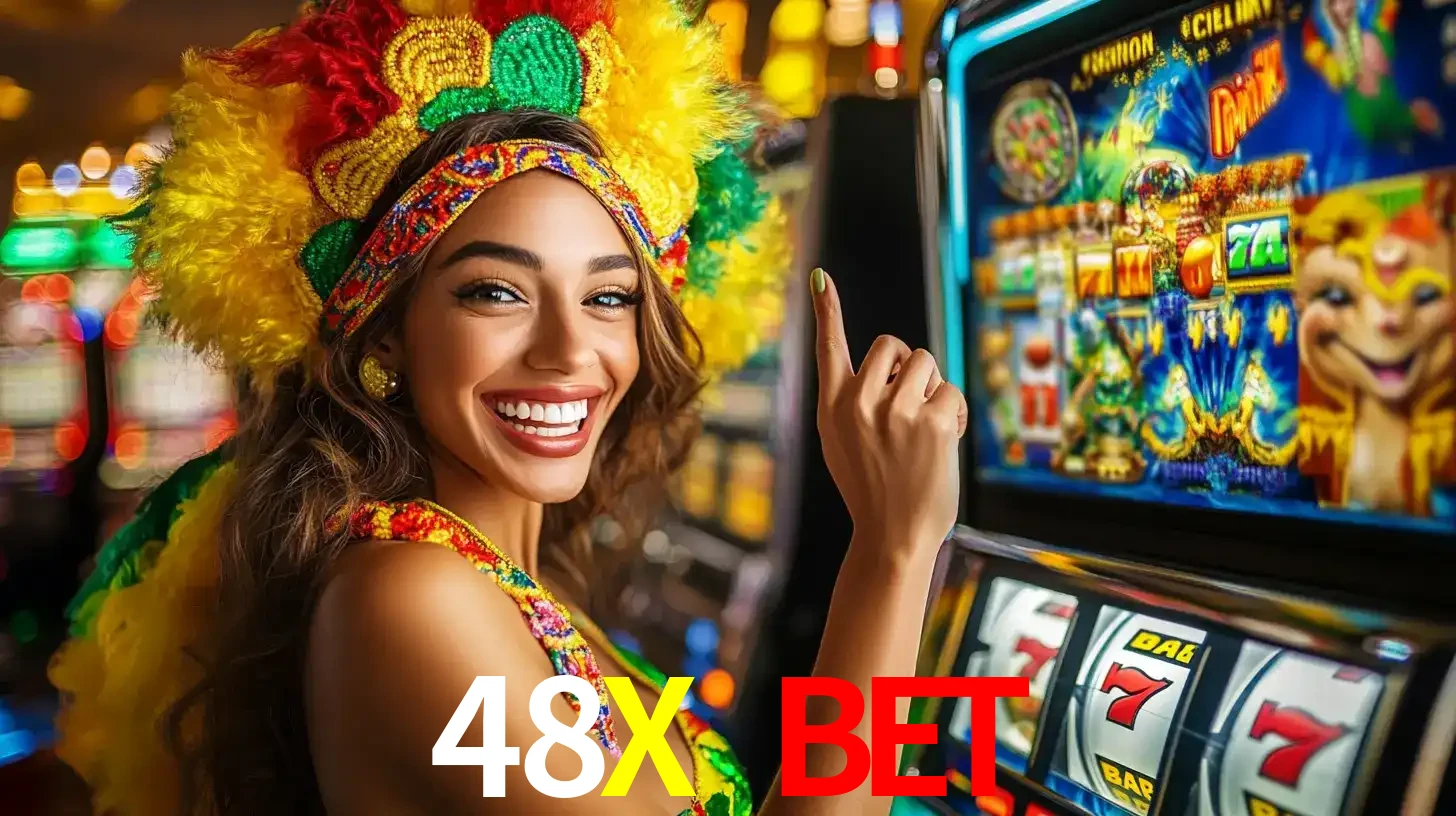 Mulher animada com um cocar de carnaval apontando para uma máquina de caça-níqueis, mostrando a emoção de ganhar um grande prêmio nos jogos do 48X BET.