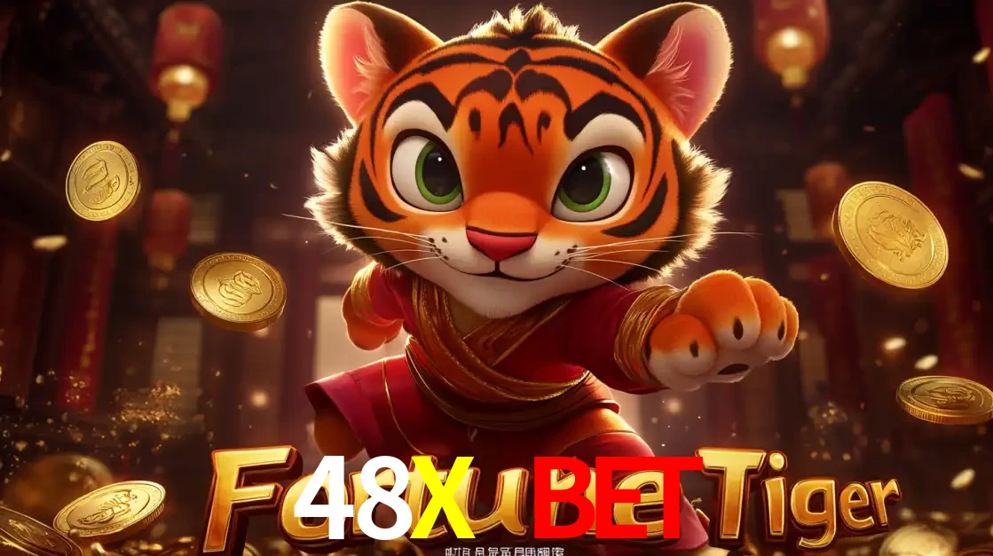 O carismático mascote do jogo de slot Fortune Tiger, um tigre fofo em pose de artes marciais, pronto para trazer sorte e multiplicadores de ganhos no cassino online 48X BET.