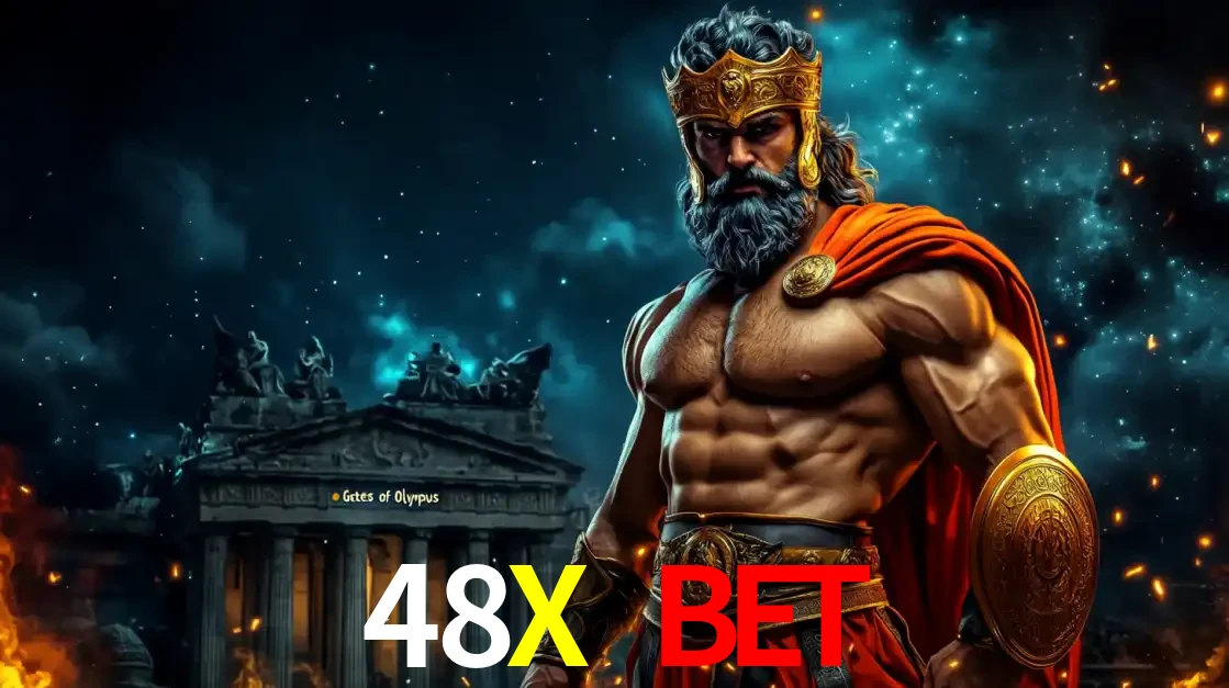O poderoso Zeus do jogo de slot Gates of Olympus em frente ao seu templo, pronto para lançar multiplicadores divinos e prêmios épicos no cassino online 48X BET.