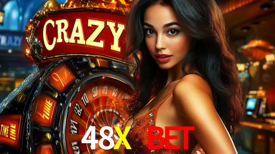 Mulher glamourosa olhando para a câmera com a roda vermelha do Crazy Time ao fundo em um ambiente de cassino, destacando a emoção dos jogos ao vivo no 48X BET.
