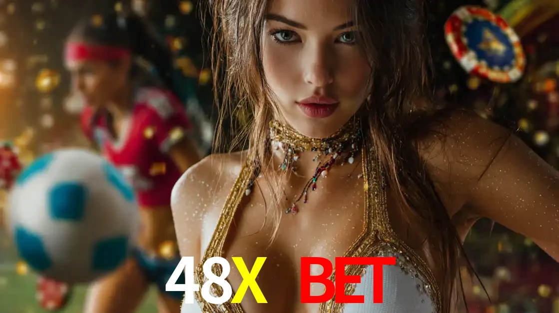 Mulher elegante representando a combinação de glamour e emoção das apostas esportivas, com uma jogadora de futebol ao fundo, destacando a ação no 48X BET.