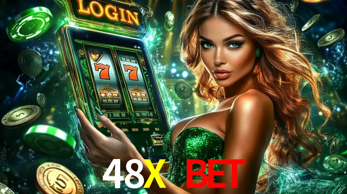Mulher com tema verde apresentando o aplicativo do cassino 48X BET com um jogo de slot de 777, cercada por fichas de cassino e uma aura de sorte.