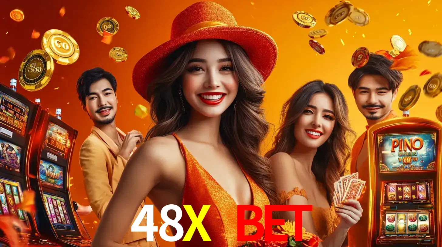 Grupo de amigos asiáticos sorrindo e se divertindo com máquinas de caça-níqueis em um ambiente festivo, celebrando suas vitórias nos jogos de cassino do 48X BET.