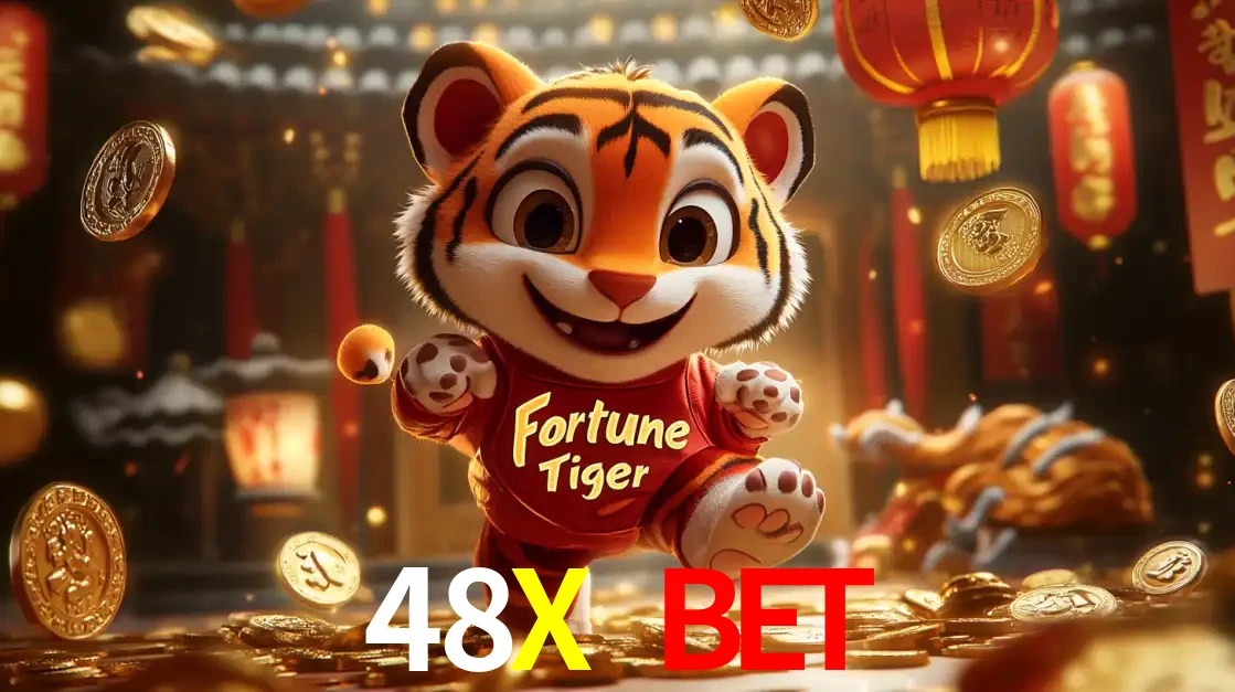 O alegre personagem do Fortune Tiger correndo sobre um caminho de moedas de ouro, simbolizando os grandes prêmios e a diversão do popular jogo de slot do 48X BET.