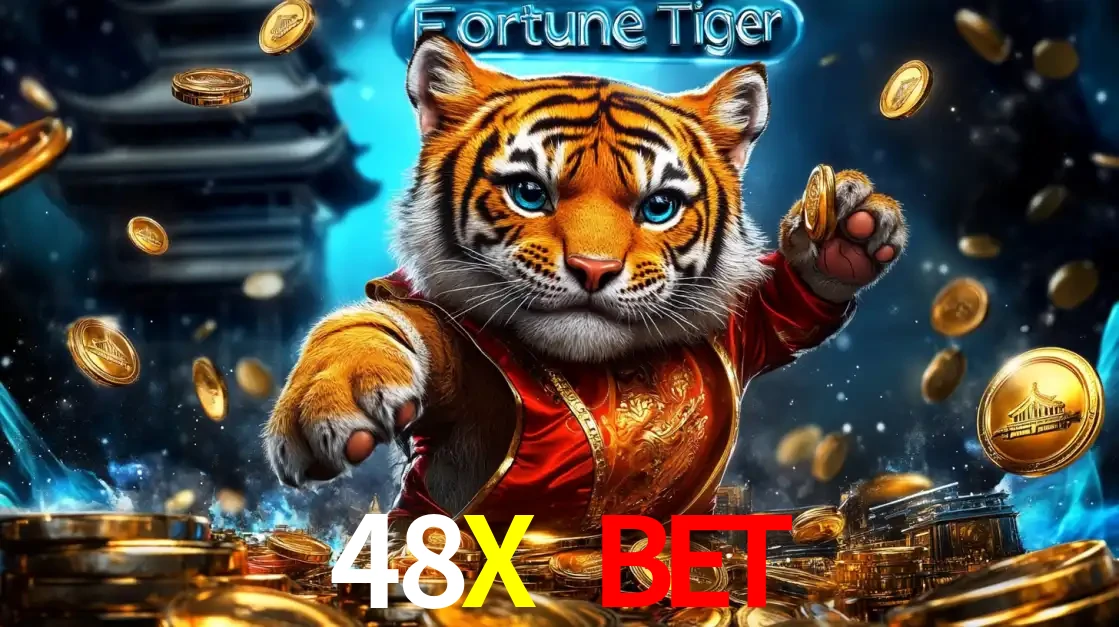 Imagem promocional do jogo de slot Fortune Tiger, com um tigre majestoso em traje tradicional cercado por uma fortuna em moedas de ouro, disponível agora no cassino 48X BET.