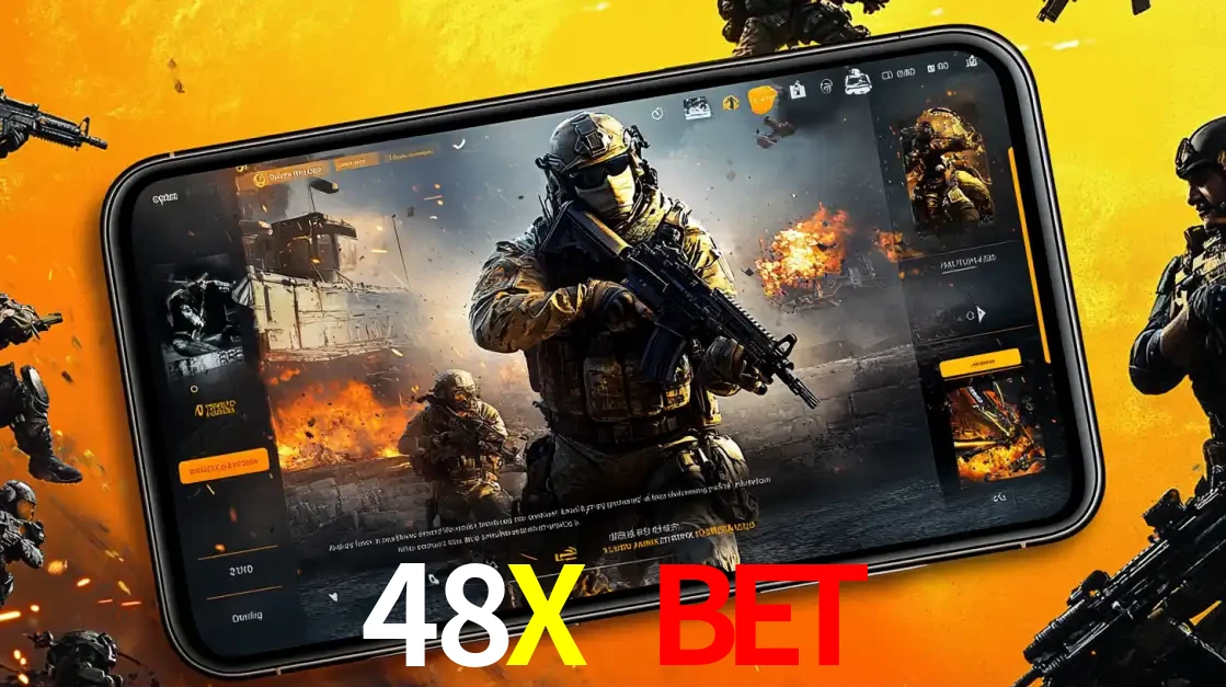 Um smartphone exibindo a interface de um jogo de tiro em primeira pessoa, com um soldado em um cenário de batalha, representando a ação dos e-sports para apostar no 48X BET.