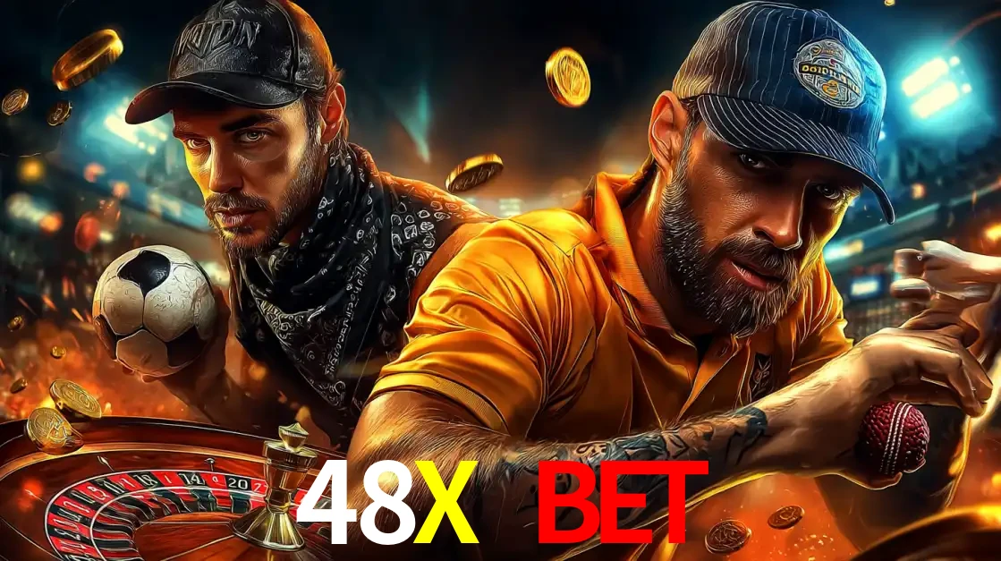 Montagem de apostas esportivas e cassino no 48X BET, com um homem segurando uma bola de futebol e outro uma de beisebol sobre uma roleta e moedas voadoras.