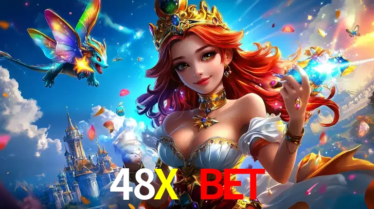 A princesa de um reino de fantasia mágico, com seu pequeno dragão, apresentando um mundo de prêmios encantados nos jogos de caça-níqueis do cassino 48X BET.