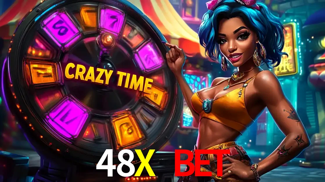 Mulher estilizada com cabelo azul e visual vibrante posando ao lado da roda de prêmios do game show Crazy Time, convidando para a diversão e os bônus do cassino 48X BET.