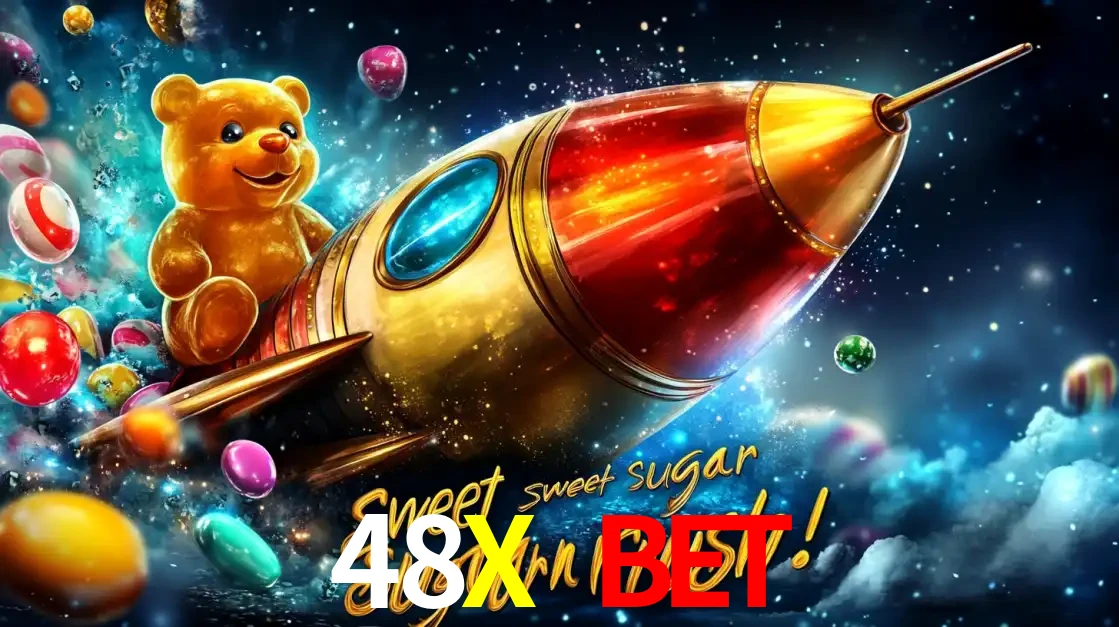 Arte promocional do jogo de slot Sugar Rush, com um urso de pelúcia em um foguete viajando pelo espaço de doces, um dos jogos divertidos disponíveis no cassino 48X BET.