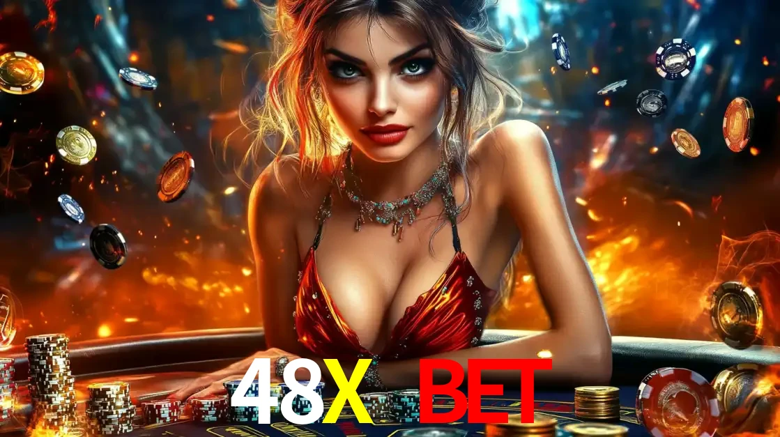 Mulher em uma mesa de cassino com pilhas de fichas e um fundo de fogo, pronta para uma rodada de altas apostas nos jogos de mesa emocionantes do cassino 48X BET.