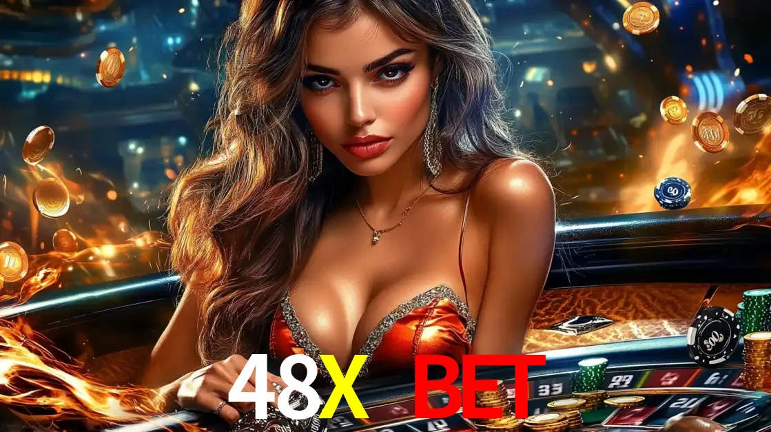 Mulher glamourosa em uma mesa de roleta com um fundo de chamas e moedas voadoras, pronta para fazer sua aposta e ganhar grandes prêmios no cassino ao vivo 48X BET.
