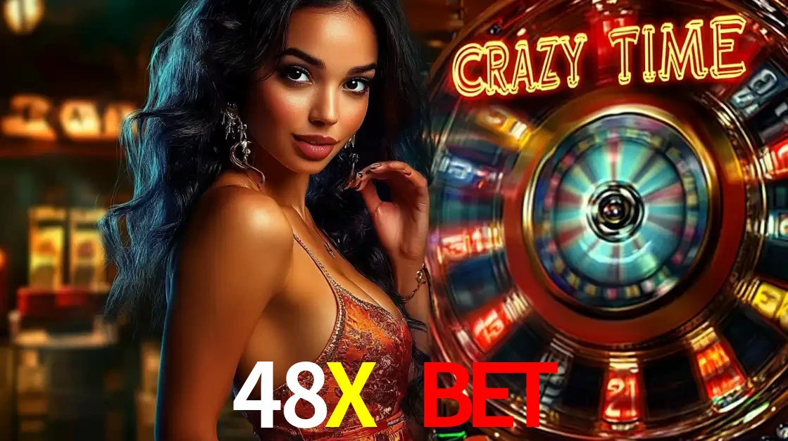 Mulher elegante ao lado da vibrante roda da fortuna do jogo de cassino ao vivo Crazy Time, um dos game shows mais populares e cheios de prêmios do 48X BET.
