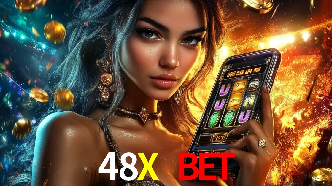 Mulher elegante mostrando um jogo de caça-níqueis em seu smartphone, destacando a experiência de cassino móvel oferecida pelo aplicativo 48X BET.