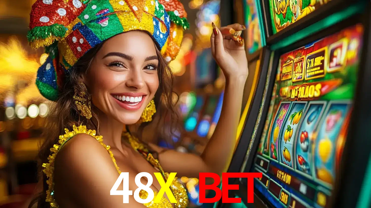 Mulher feliz com traje de carnaval amarelo e colorido ao lado de uma máquina de caça-níqueis, aproveitando a diversão e os jogos temáticos do cassino 48X BET.