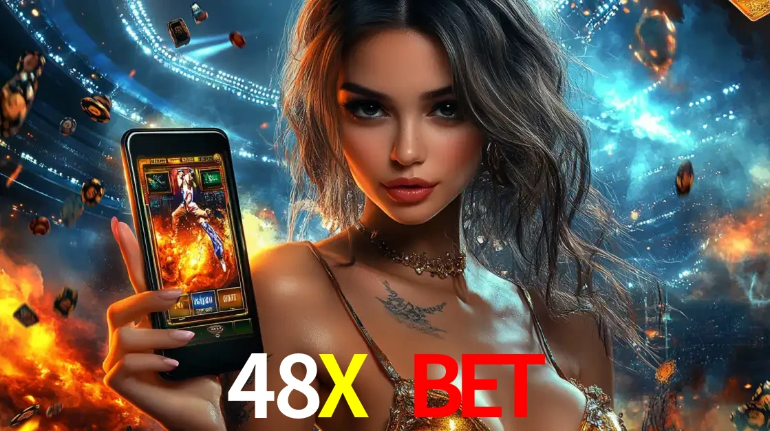 Mulher segurando um celular com um jogo de slot em destaque, tendo como fundo um estádio vibrante, simbolizando a emoção de jogar no cassino móvel 48X BET.