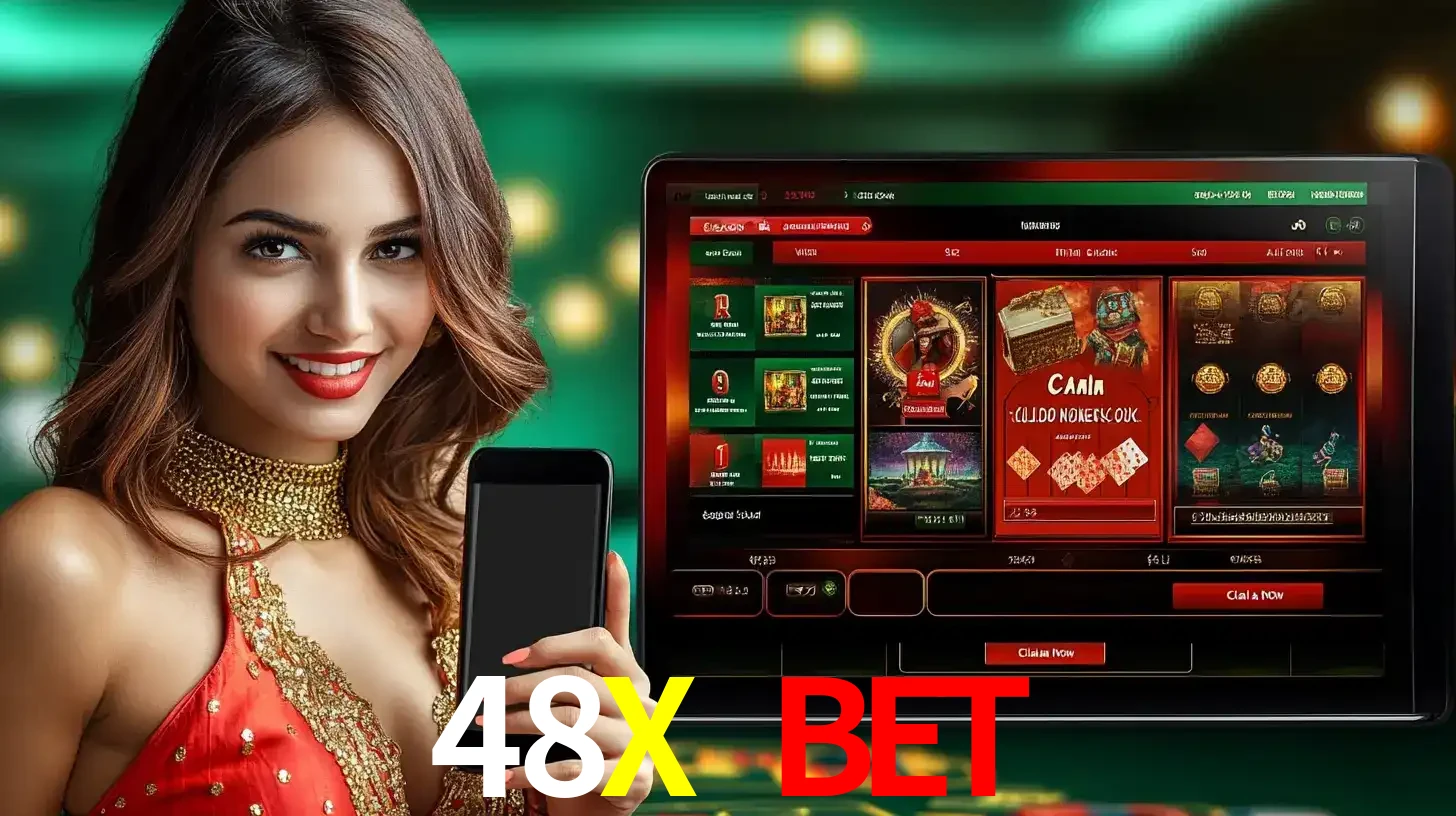 Mulher sorridente segurando um smartphone, ao lado de uma tela exibindo o lobby de jogos do cassino online 48X BET, com várias opções de jogos de cartas e slots.